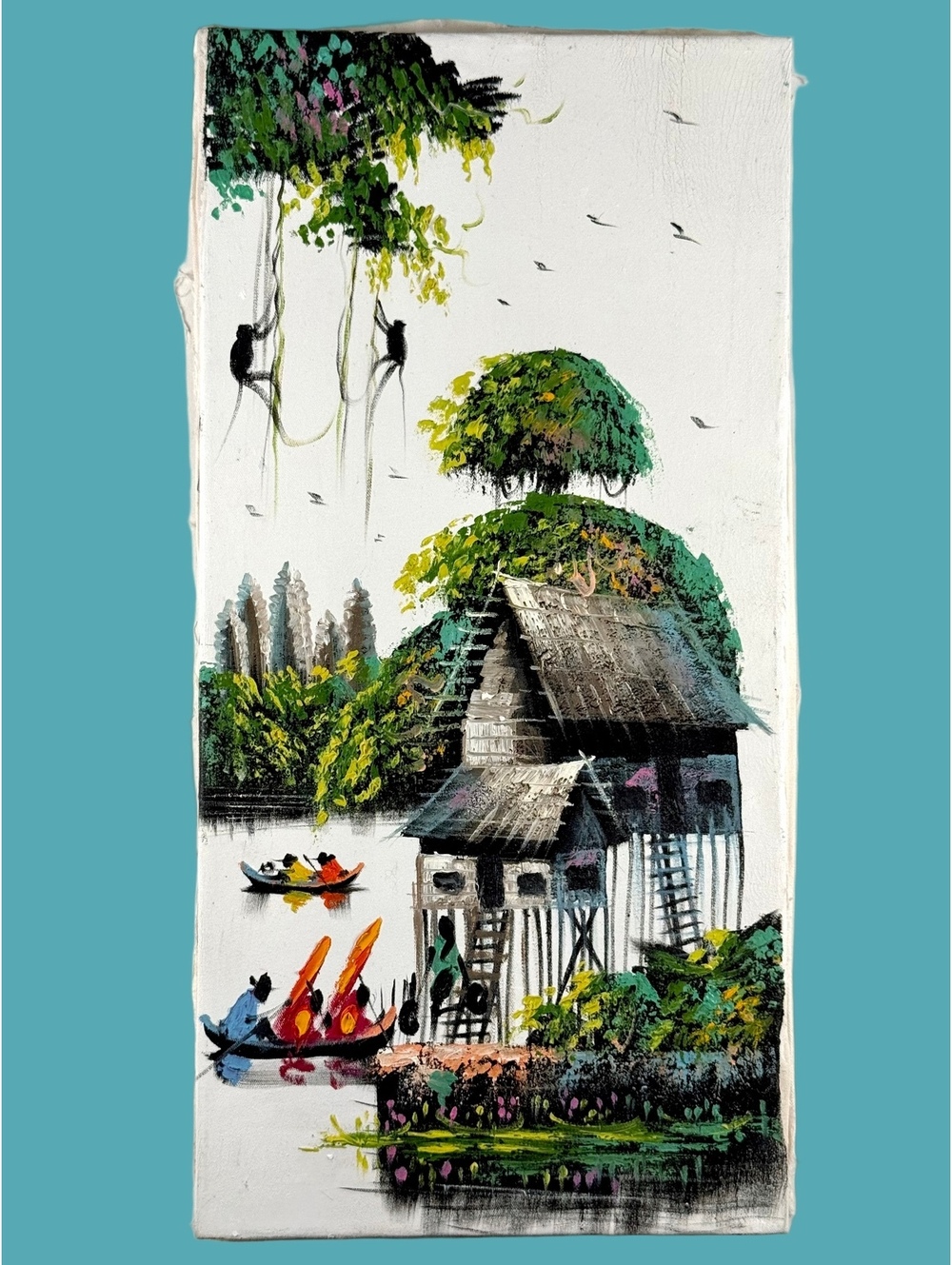 Vintage Cambodian Oil Painting Southeast Asian Landscape Tropical Folk Wall Art